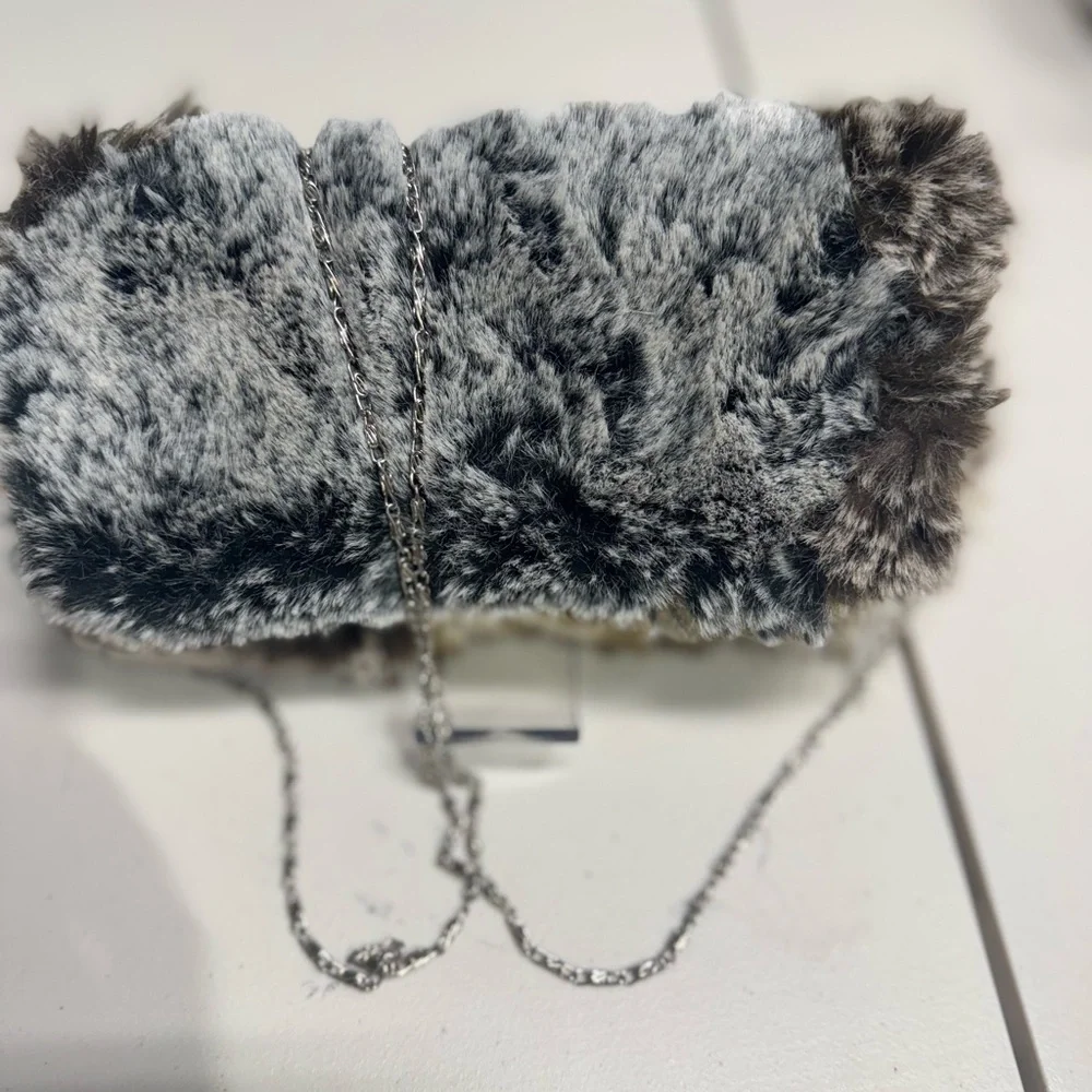 Faux Fur Clutch Bag With Chain Strap Gray White Black Plush Evening Purse